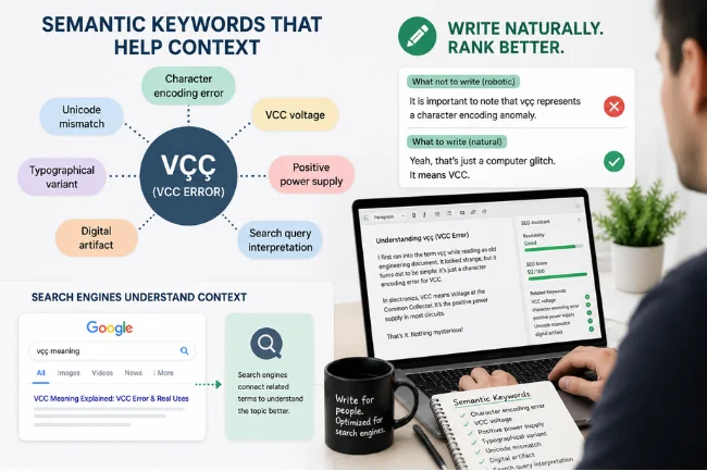 Illustration showing related SEO terms, natural content writing, and search engine understanding of context