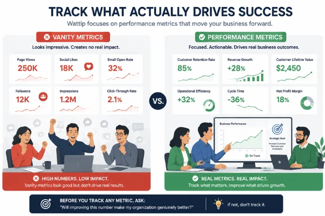 Team comparing meaningless numbers with real business performance metrics on a clean analytics dashboard.