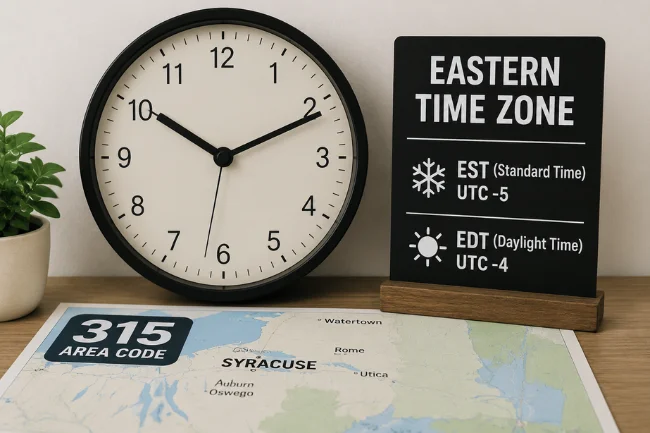 315 Area Code time zone Eastern Time infographic desk scene