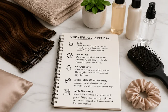 Hair extension weekly maintenance plan with care checklist and tools