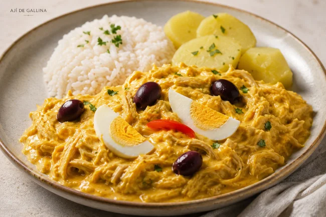Ají de Gallina with rice and potatoes
