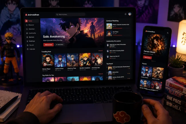 Animeidhen anime streaming platform concept interface and devices