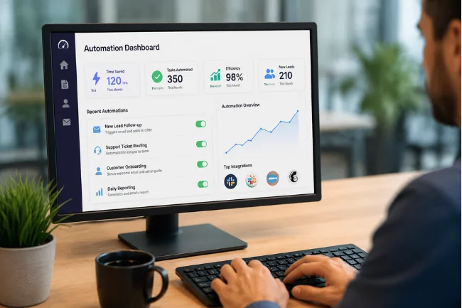 Droven IO AI Automation Tools dashboard on computer screen showing business automation workflow and analytics in office setup