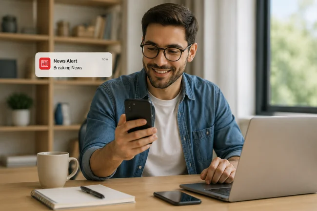 DigitalNewsAlerts saves time news alert on phone in workspace