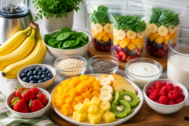 Smoothiepussit ingredients fruit smoothie prep bowls