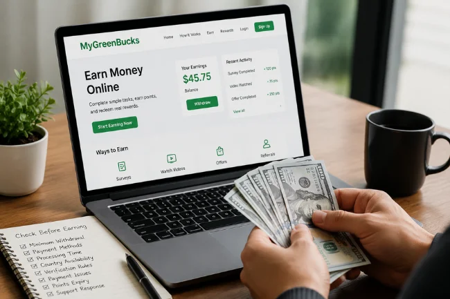 MyGreenBucks.net earning money online laptop concept