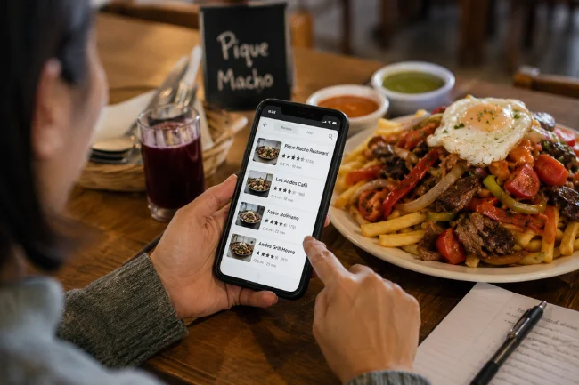 Person reading restaurant reviews on a smartphone