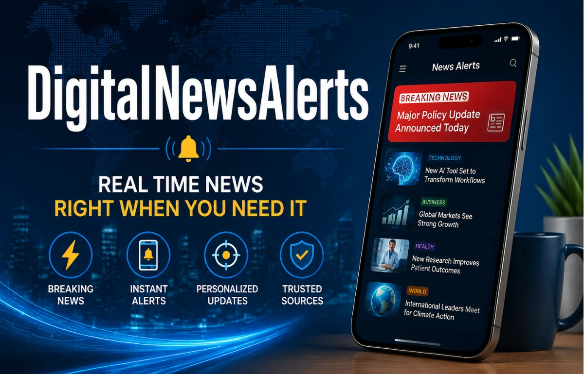 DigitalNewsAlerts real time news alerts banner with mobile dashboard