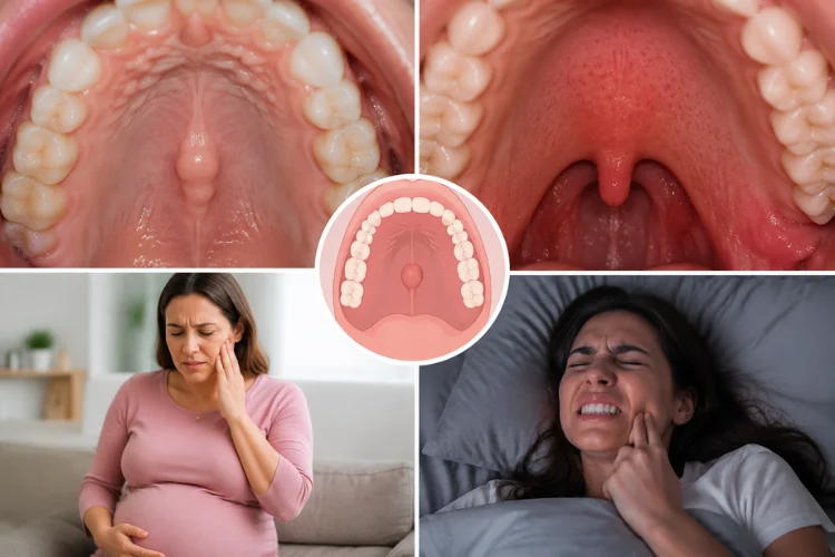 Close-up collage showing palate anatomy, jaw discomfort, pregnancy oral sensitivity, and teeth grinding effects
