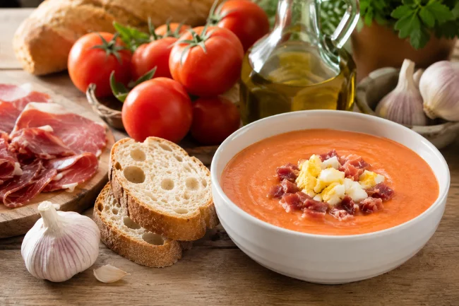 Traditional Spanish tomato soup with fresh ingredients