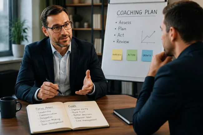 Professional mentor guiding executive in office consultation session