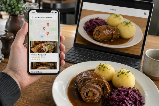 Best Rinderroulade Near Me search on phone with German food plate