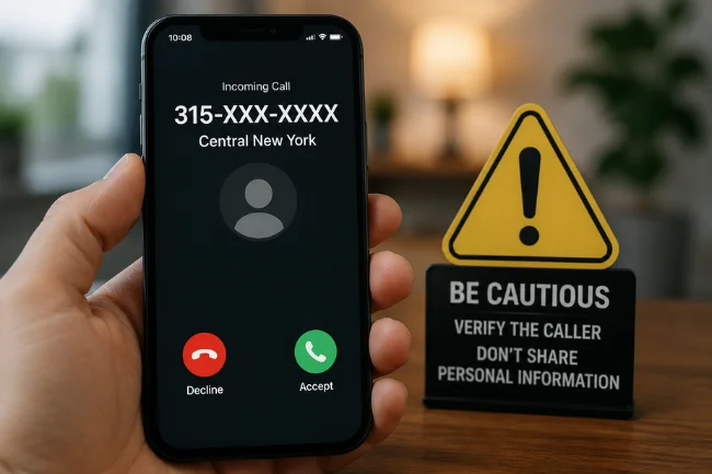315 Area Code scam call warning phone security illustration