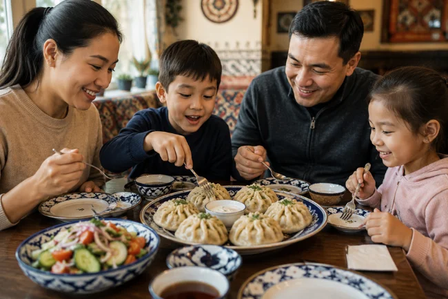 Family sharing steamed dumplings at dinner