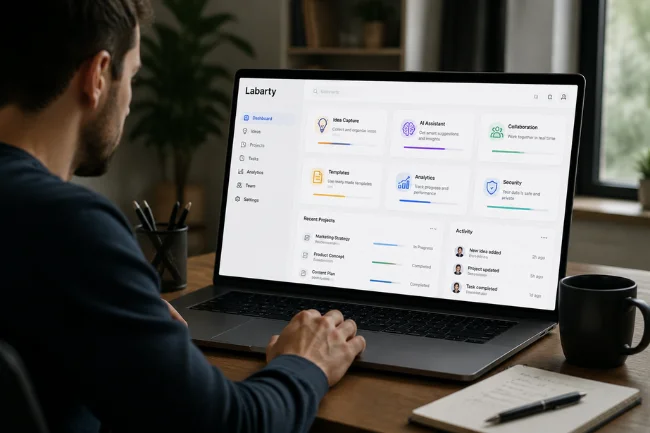 AI productivity dashboard on modern laptop in workspace