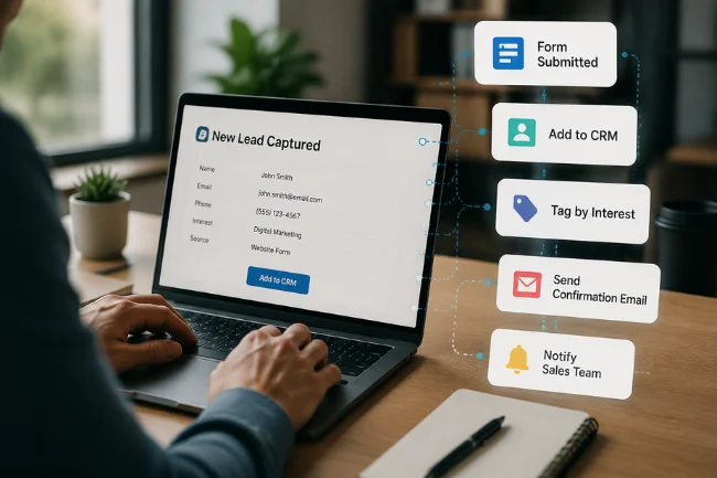 Droven IO AI Automation Tools CRM lead automation workflow dashboard on laptop screen