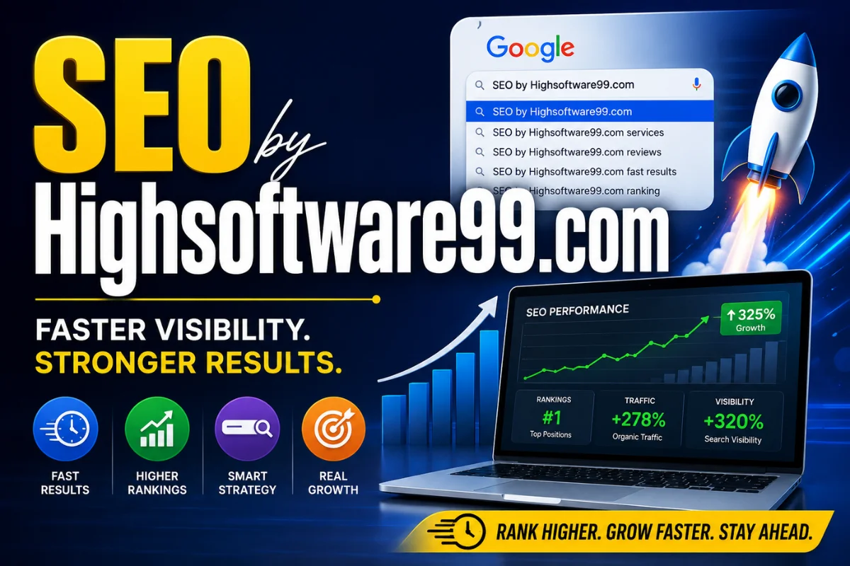 SEO by Highsoftware99.com SEO dashboard with Google search rocket