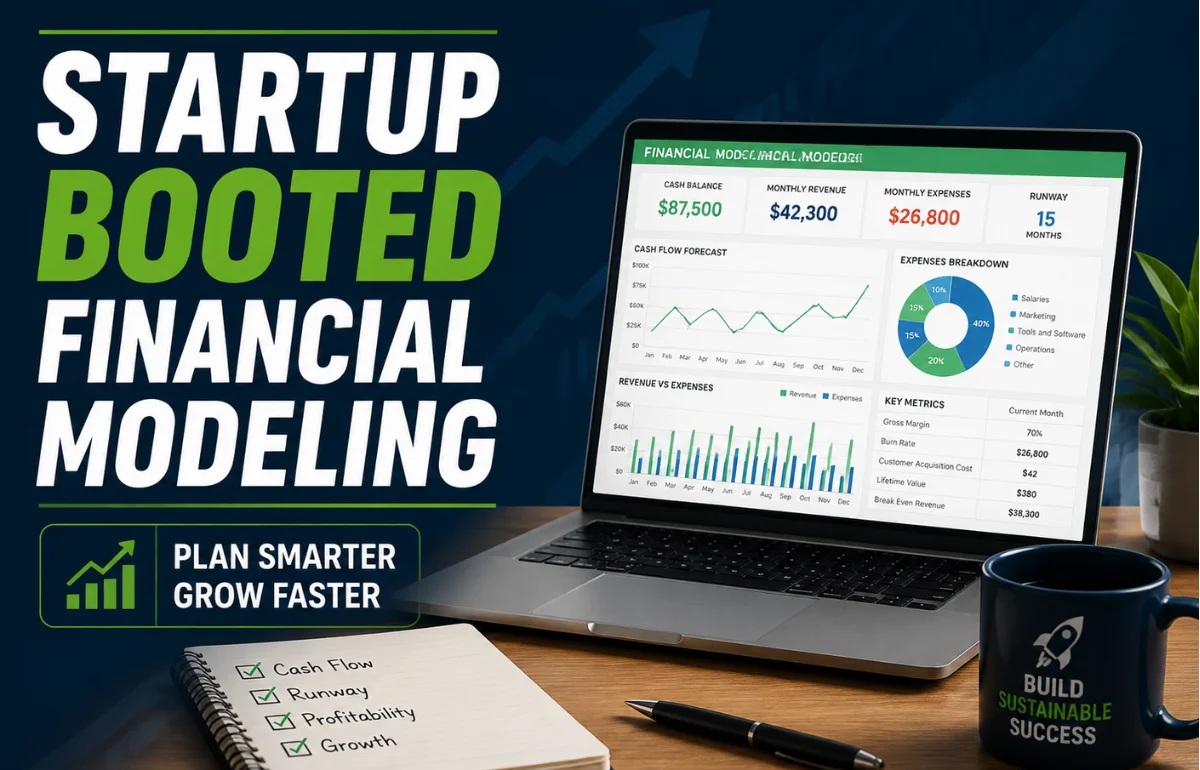 Startup Booted Financial Modeling dashboard on laptop with cash flow charts