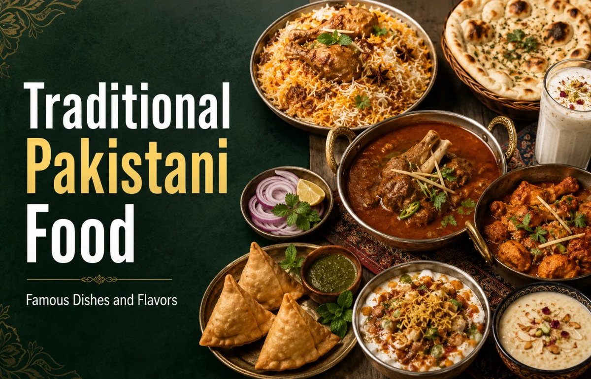 Traditional Pakistani Food with biryani naan karahi and sweets