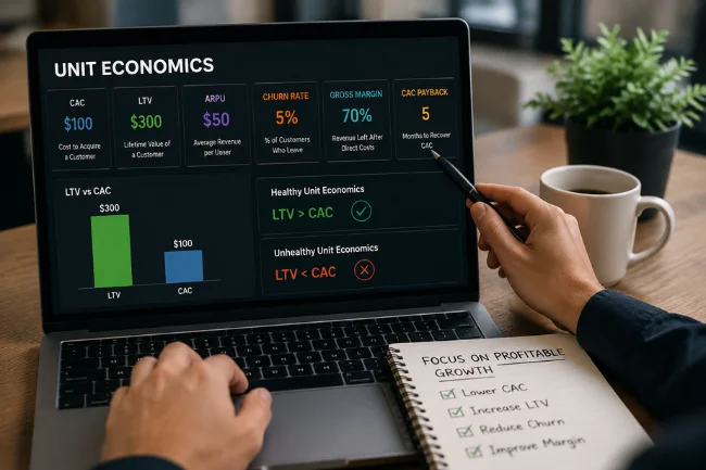 Startup Booted Financial Modeling unit economics dashboard on laptop showing CAC LTV ARPU and churn analysis