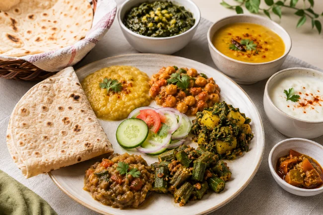 Traditional Pakistani Food vegetarian thali with daal roti and sabzi