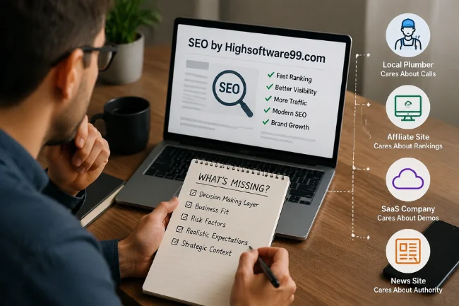 SEO by Highsoftware99.com SEO analysis on laptop desk