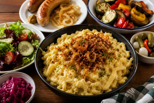 German comfort food with bratwurst and salad