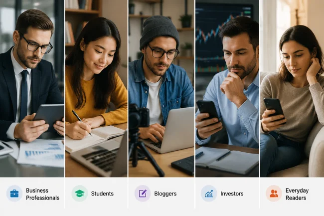 Digital news alert users including professionals students bloggers investors and readers in one collage
