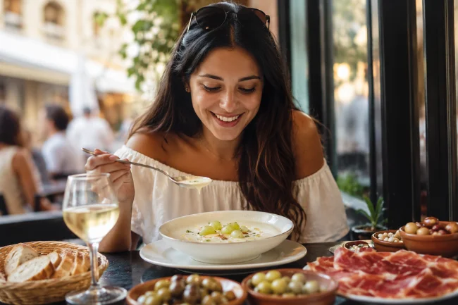 Woman eating chilled almond soup at Spanish restaurant
