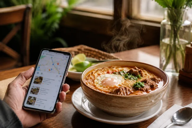 Person searching Best Sopa Criolla Near Me beside fresh soup