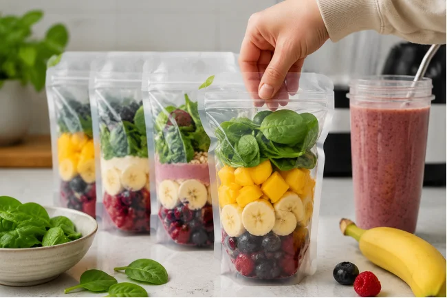 Smoothiepussit smoothie prep bags with fresh fruits and greens in kitchen