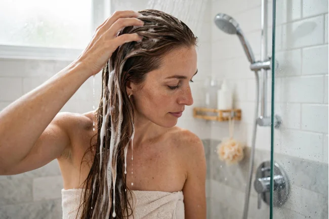 Woman gently massaging shampoo into scalp in shower