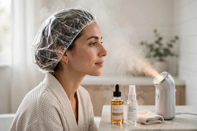 At-home deep conditioning routine in bathroom
