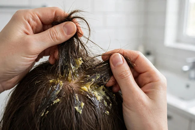Hair mask buildup on scalp from over-application mistake
