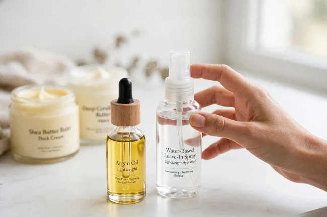 Hand choosing lightweight leave-in spray over heavy butters