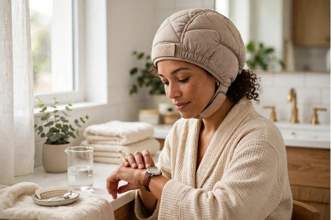 Woman timing deep conditioning with thermal heat cap