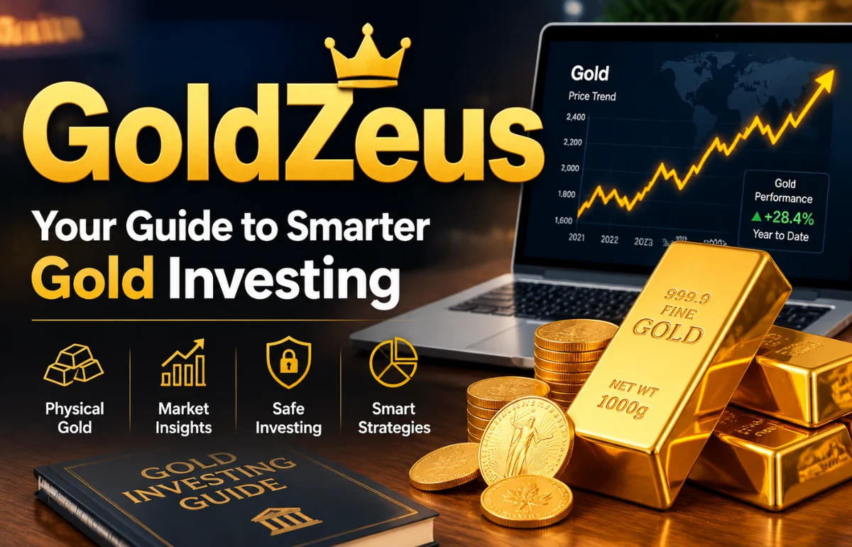 GoldZeus gold investing guide with gold bars and market chart