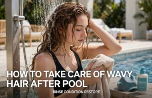 How to Take Care of Wavy Hair After Pool: 7 Easy Steps Woman rinsing wavy hair after pool shower - how to take care of wavy hair after pool