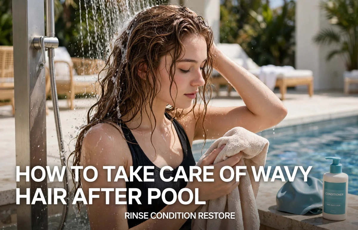 Woman rinsing wavy hair after pool shower - how to take care of wavy hair after pool