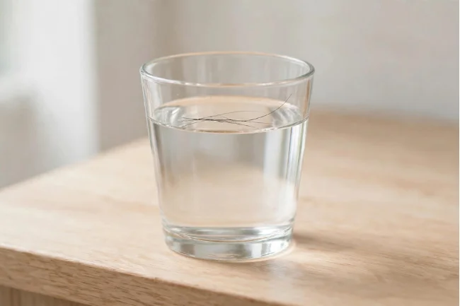 Float test for low porosity hair - hair strand floating in water glass