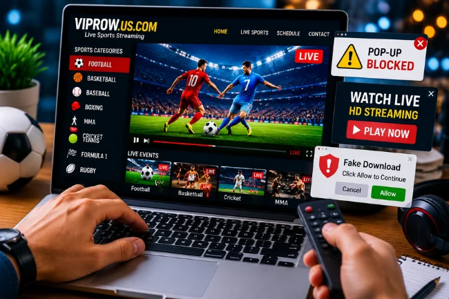 Viprow.us.com sports streaming interface popups