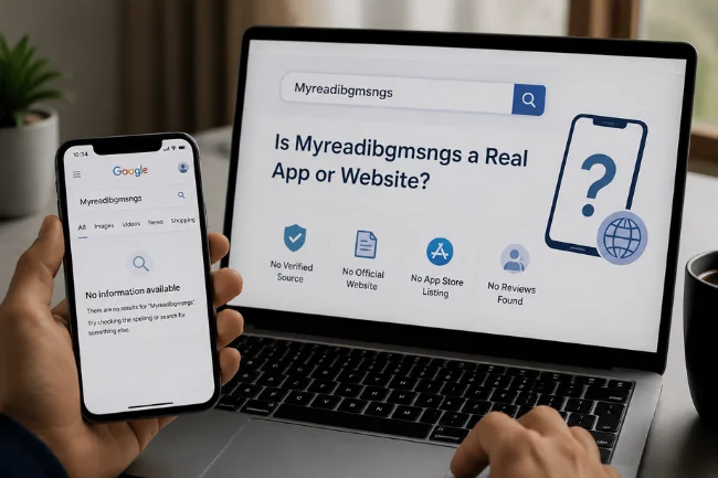 Myreadibgmsngs app search on laptop and phone