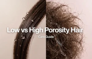 Low vs High Porosity Hair comparison showing water beading vs absorption