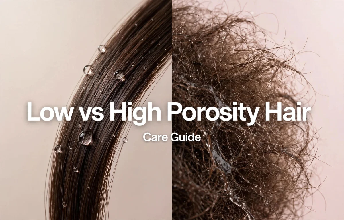 Low vs High Porosity Hair comparison showing water beading vs absorption