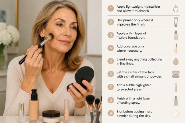 Mature woman following makeup routine steps