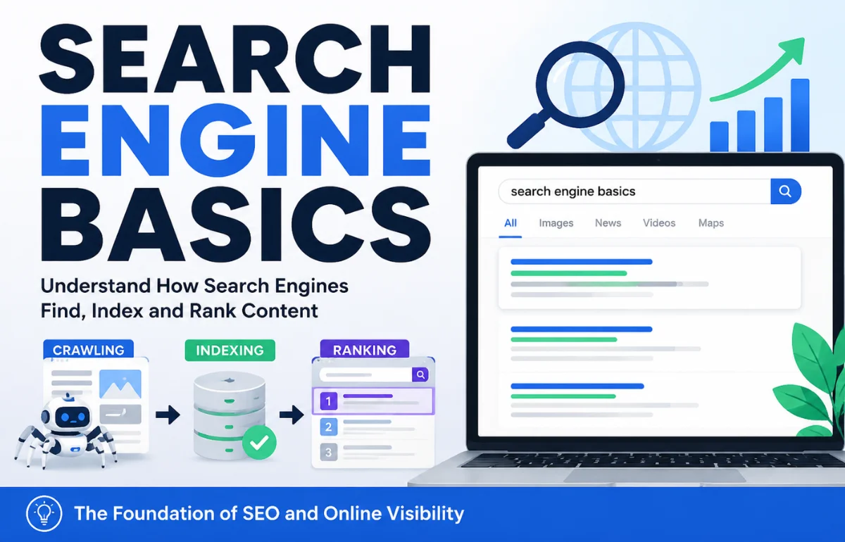 Search Engine Basics infographic crawling indexing ranking SEO