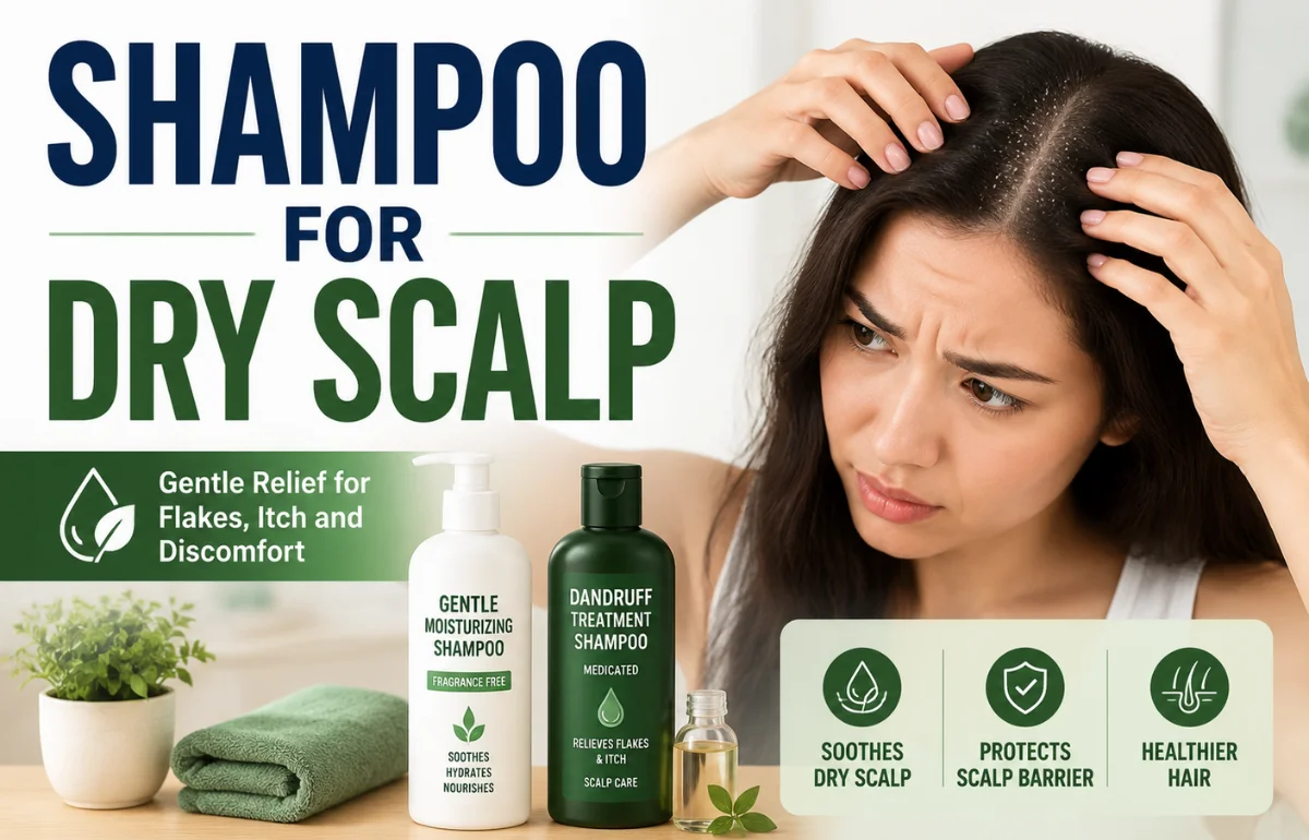 Shampoo For Dry Scalp bottle and scalp care products