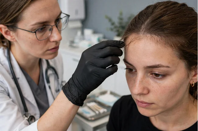 Dermatologist examining hairline breakage