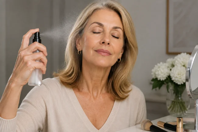 Woman applying setting spray before makeup finish