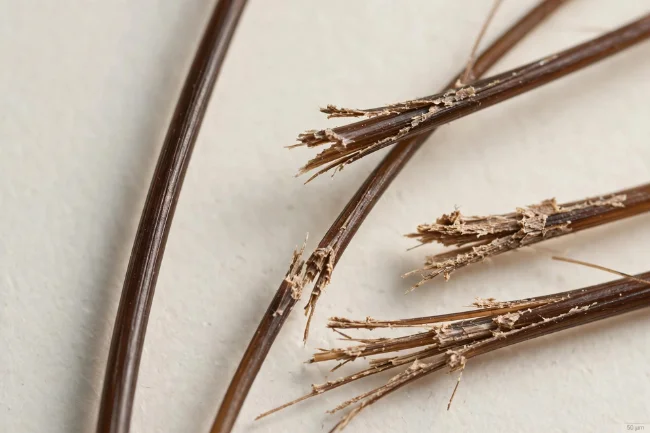 Close-up of damaged hair cuticle with frayed cortex and split ends